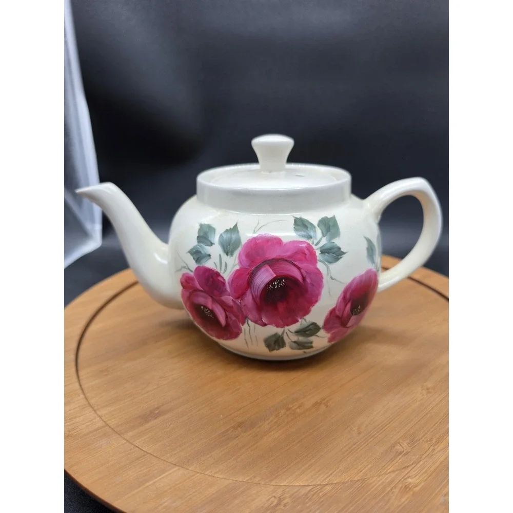 Vintage Hand-Painted Porcelain Teapot –‎ Vibrant Red Cabbage Roses & Peonies